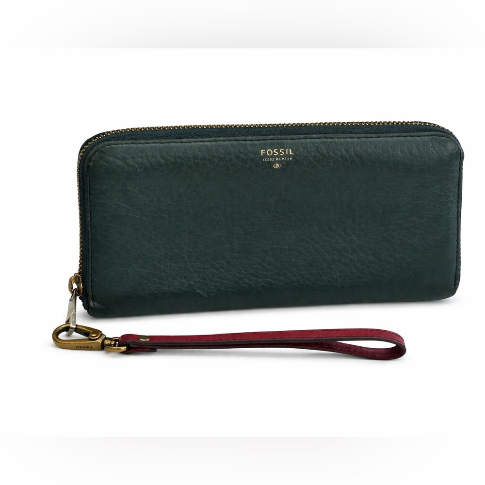 Vintage Fossil Dark Green Leather Zip Around Continental Wallet Wristlet - Picture 9 of 9
